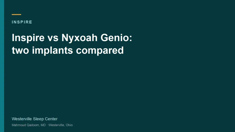 Typographic title card for Inspire vs Nyxoah Genio: two implants compared