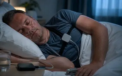 An adult sleeping at home with a portable sleep apnea test in place