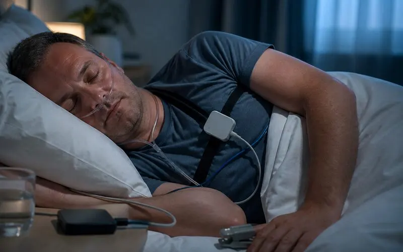 An adult sleeping at home with a portable sleep apnea test in place